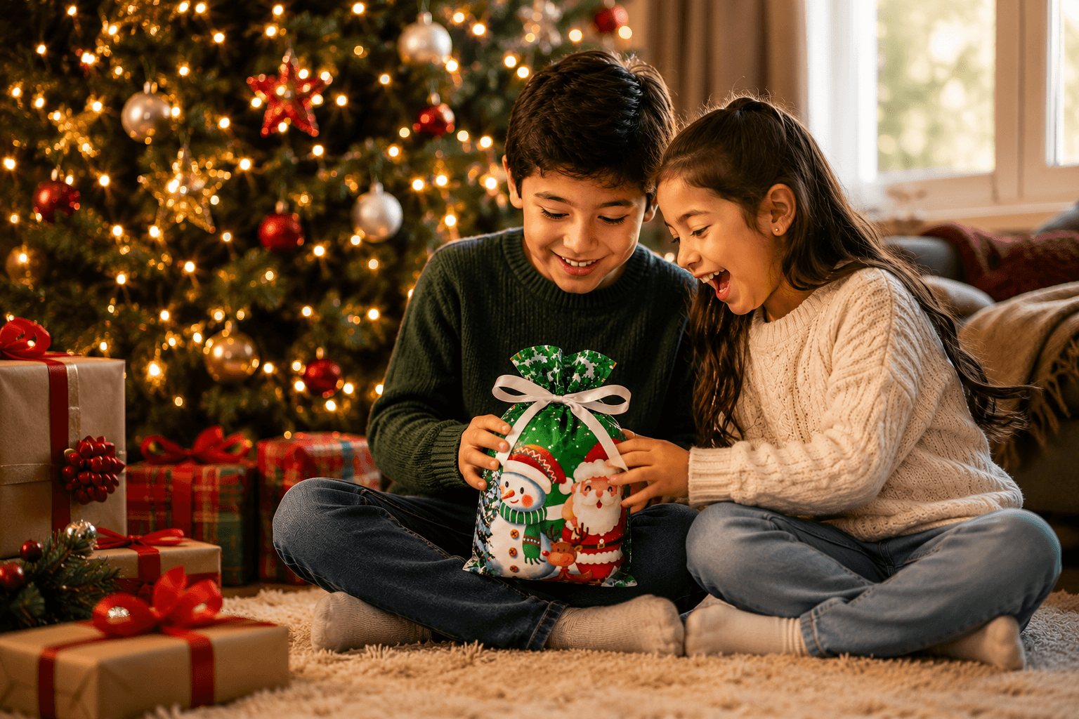 Niños abriendo bolsas de dulces navideñas
